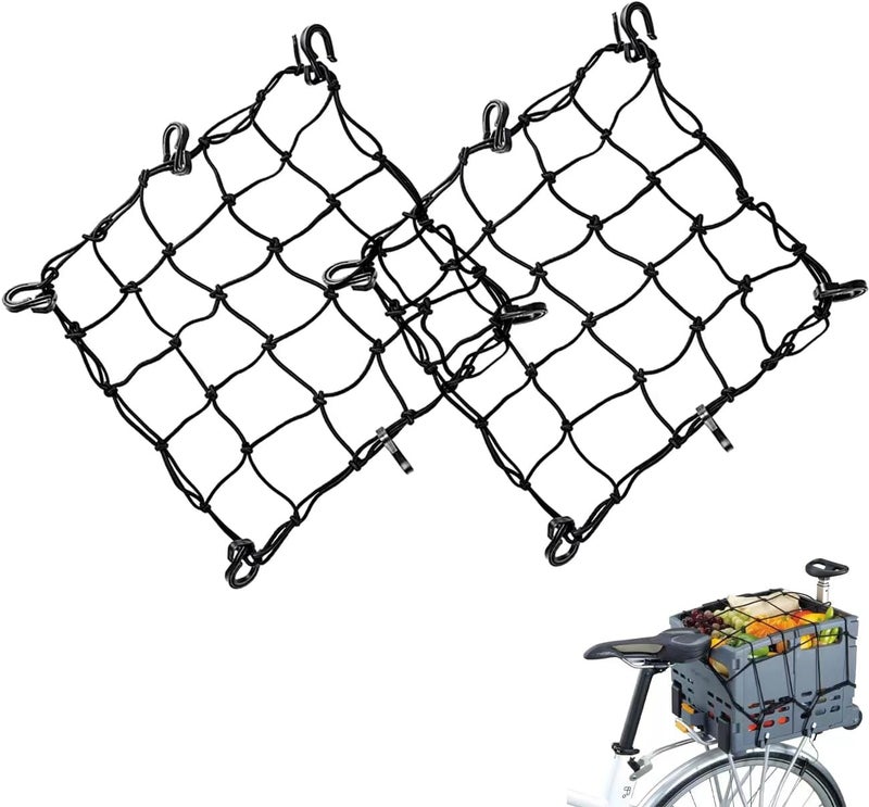 diatomiteco 2 Pack Bike Cargo Net for Bike Tote and Basket, Cargo Netting for Bike Storage, 15.7” x 15.7”, Expandable Bungee Net with 6 Hooks, Bicycle Accessories, Black Color - Image 1